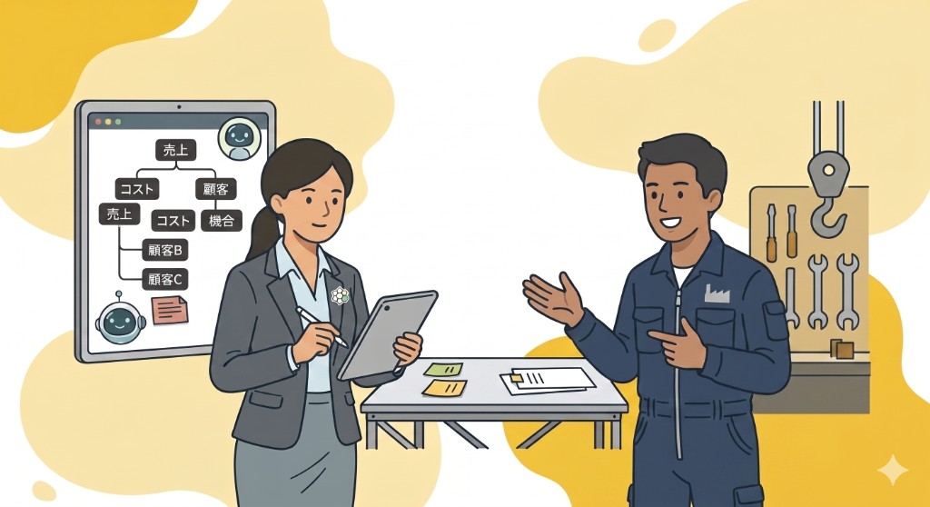 Find：現場と経営の間で課題を整理するイメージ